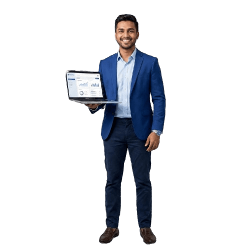 Professional young man smiling and holding a laptop